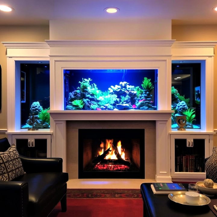 fireplace built in aquarium feature