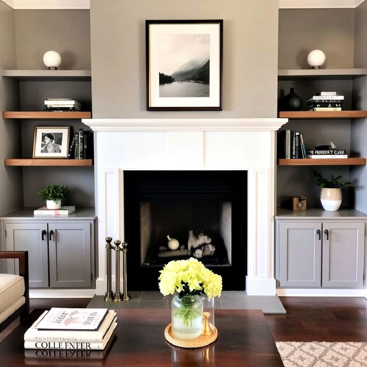 fireplace built in floating shelves