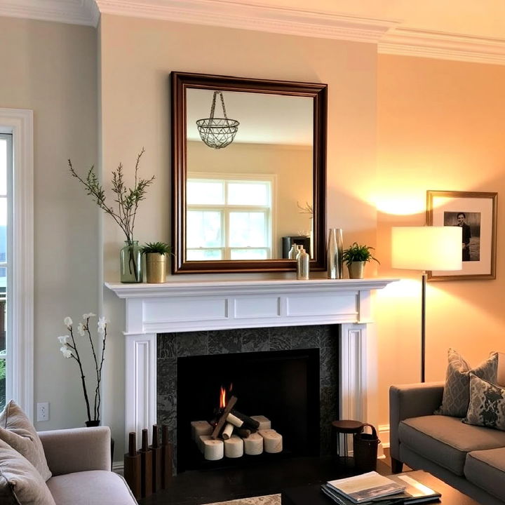 fireplace mirror with well placed lighting