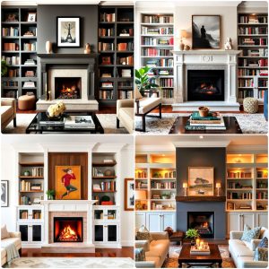 fireplace with bookshelves