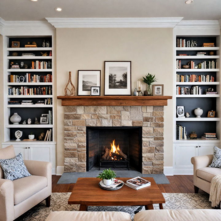 fireplace with built in bookshelves and cabinets