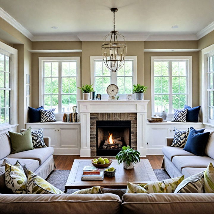 fireplace with built in seating nook between picture windows