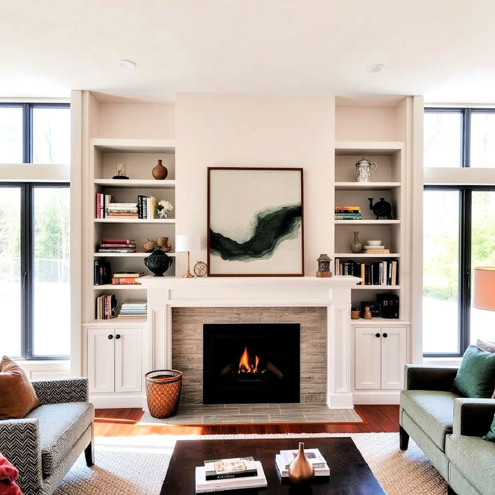 fireplace with built in shelving and picture windows