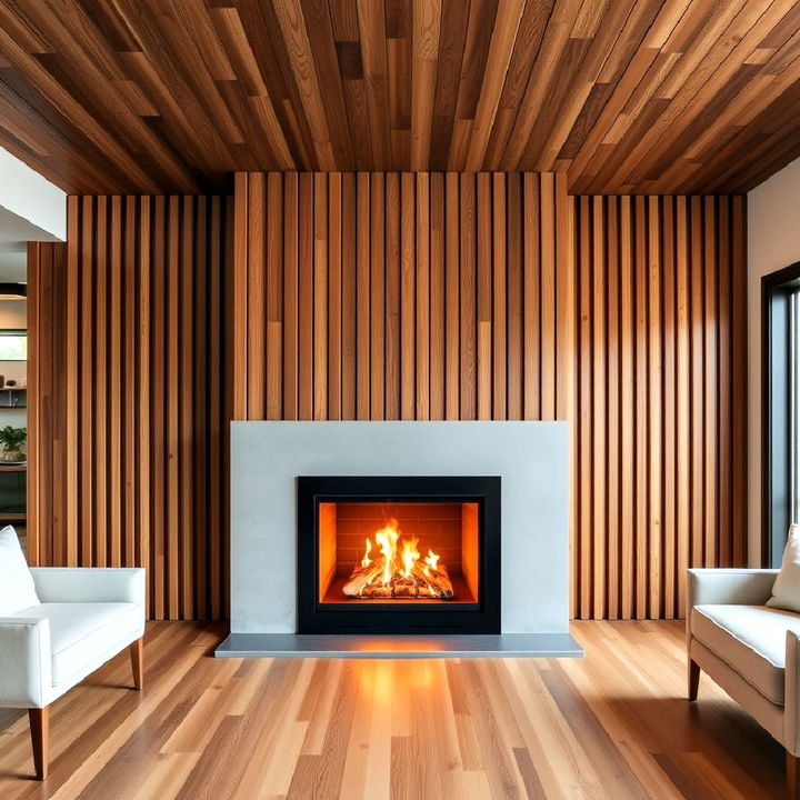 fireplace with floor to ceiling vertical wood slats