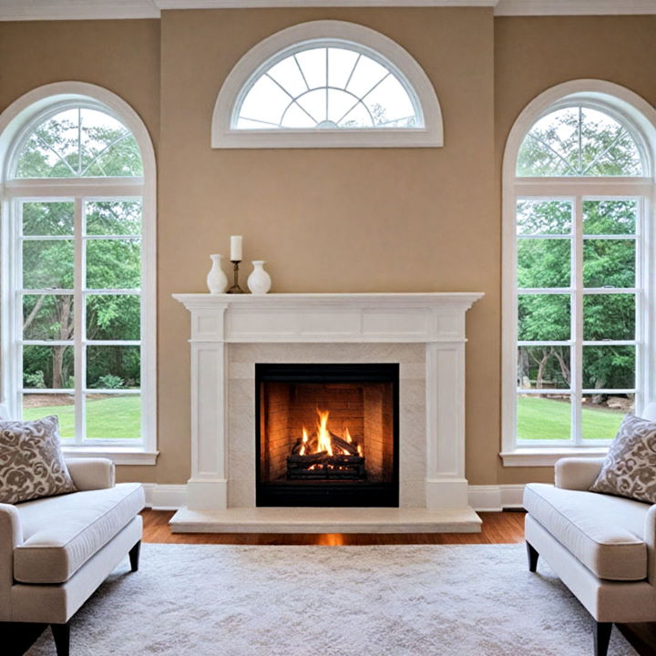 fireplace with glass doors between arched windows