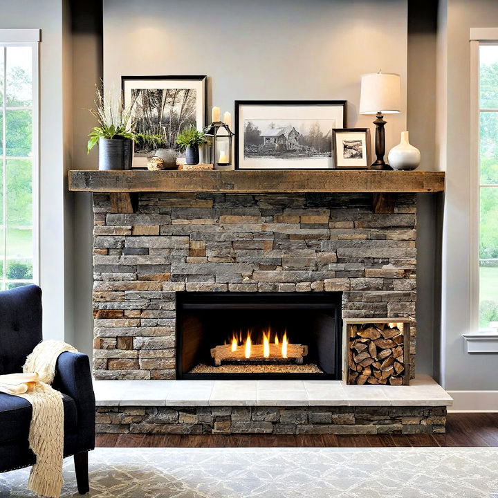 fireplace with reclaimed wood mantel