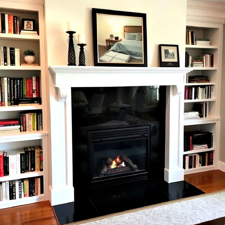 fireplace with surrounding bookshelves