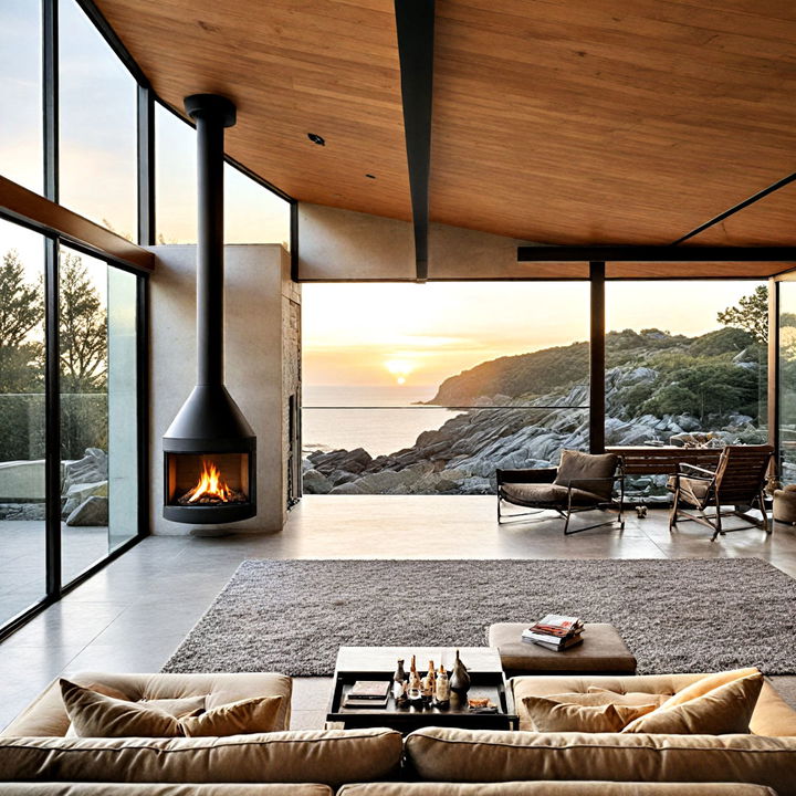 floating fireplace between horizontal clerestory windows