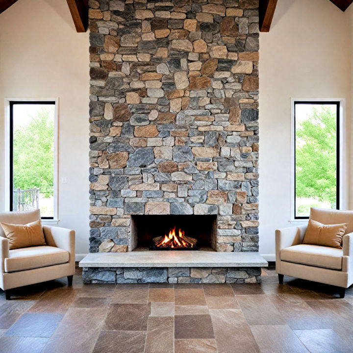 floating hearth with floor to ceiling stone surround