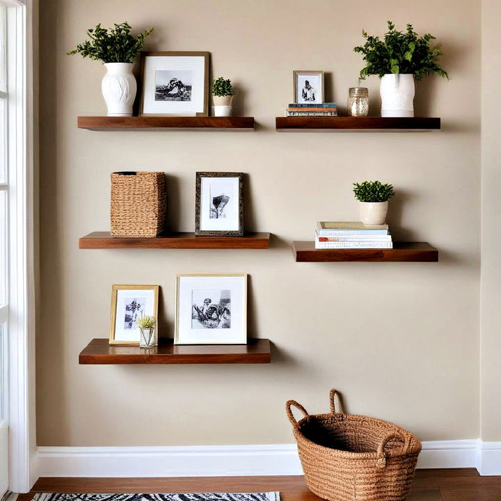 floating shelves for an organized entryway