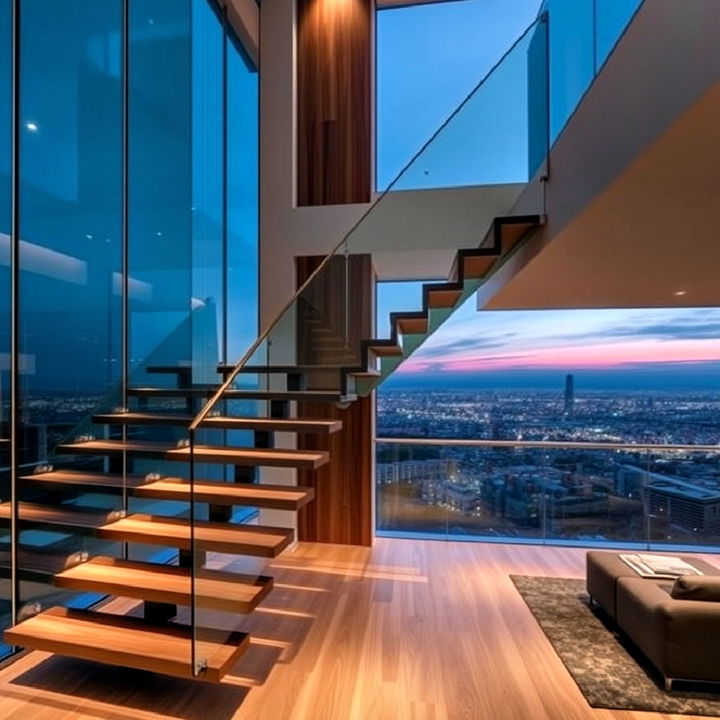 floating staircase as architectural showpiece in penthouse