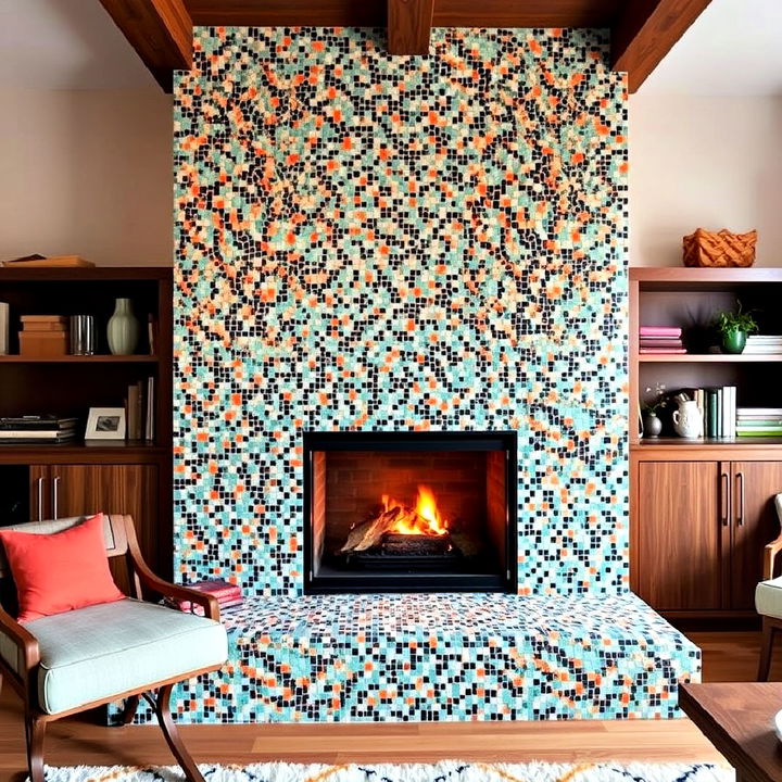 floor to ceiling artistic mosaic tile fireplace