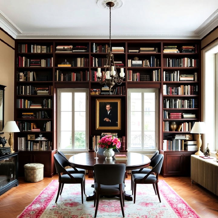 floor to ceiling bookshelves for parisian dining room