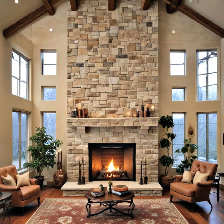 floor to ceiling faux stone fireplace surround