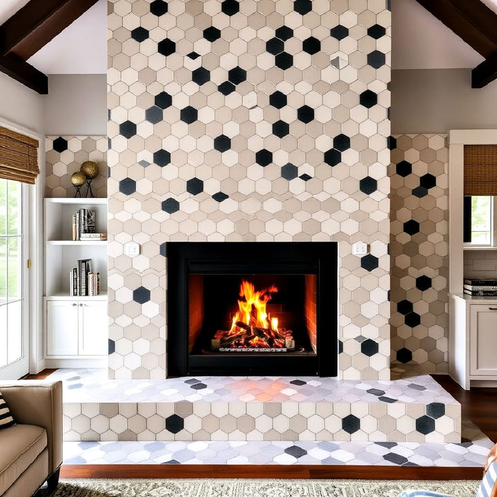 floor to ceiling geometric tile fireplace