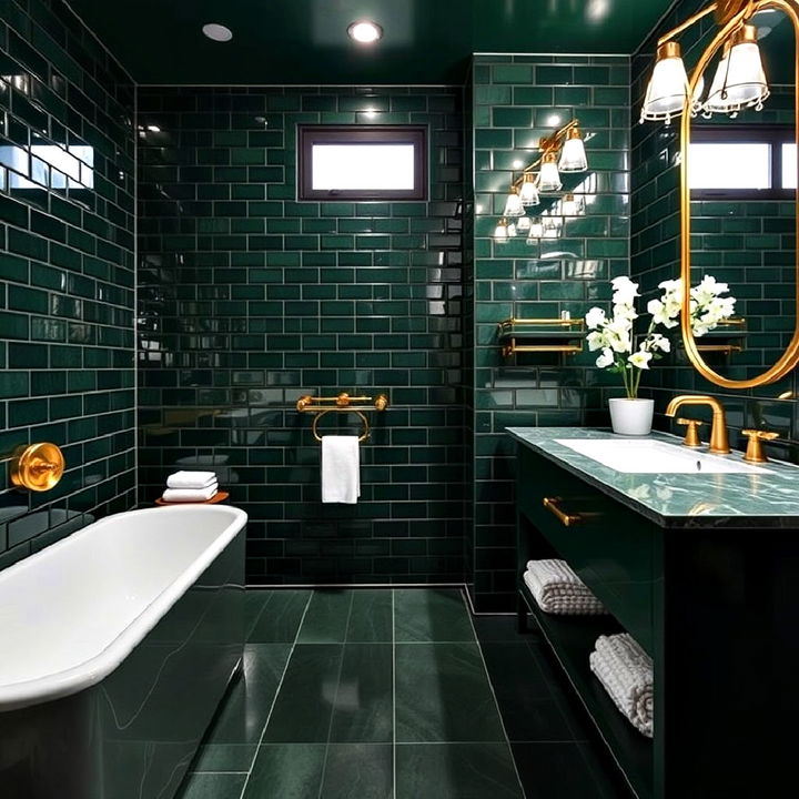 forest green bathroom tiles with gold accents