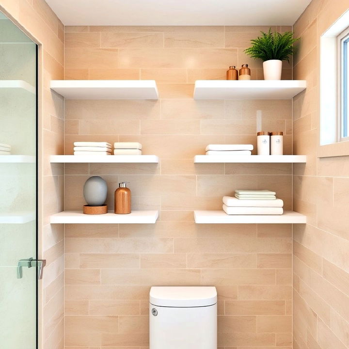 functional beige tile walls with white shelving