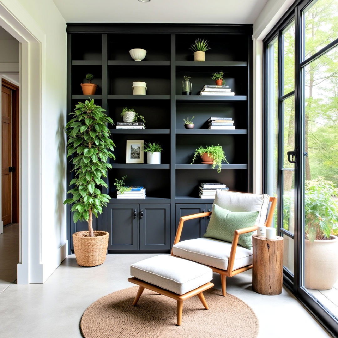 functional black built in shelving for sunroom