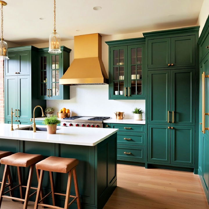 functional dark green and brass range hood