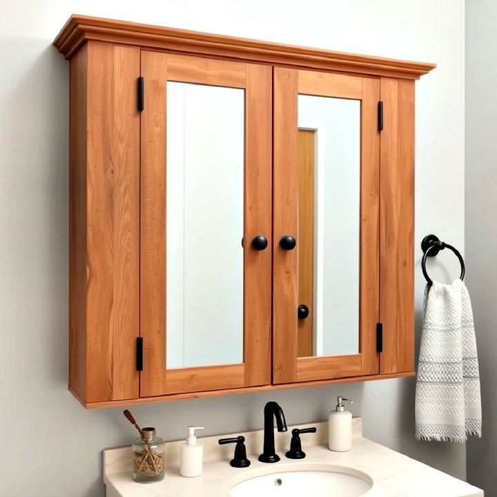 functional mirrored cabinet with rustic doors