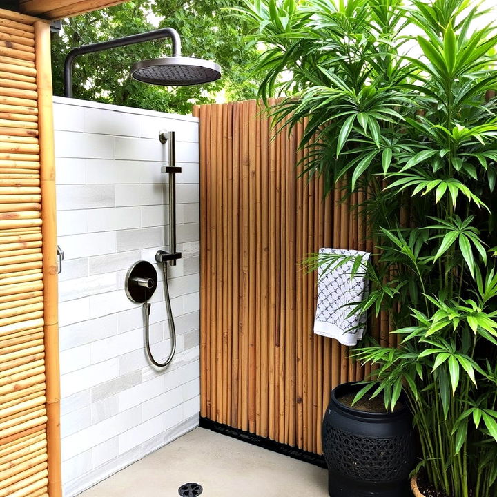 functional outdoor shower with bamboo privacy screen