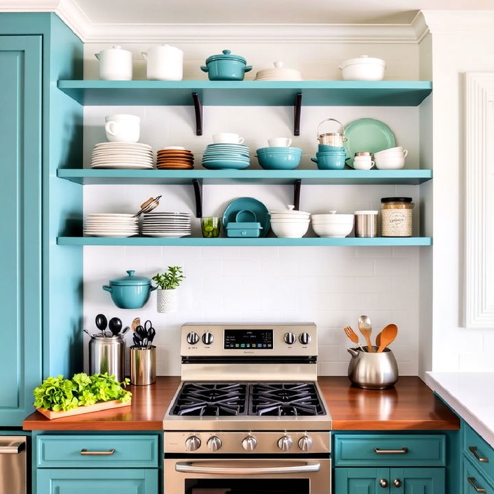 functional teal open shelving