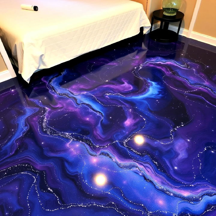 galaxy inspired epoxy floor for bedroom