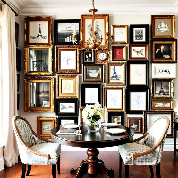 gallery wall filled with vintage frames