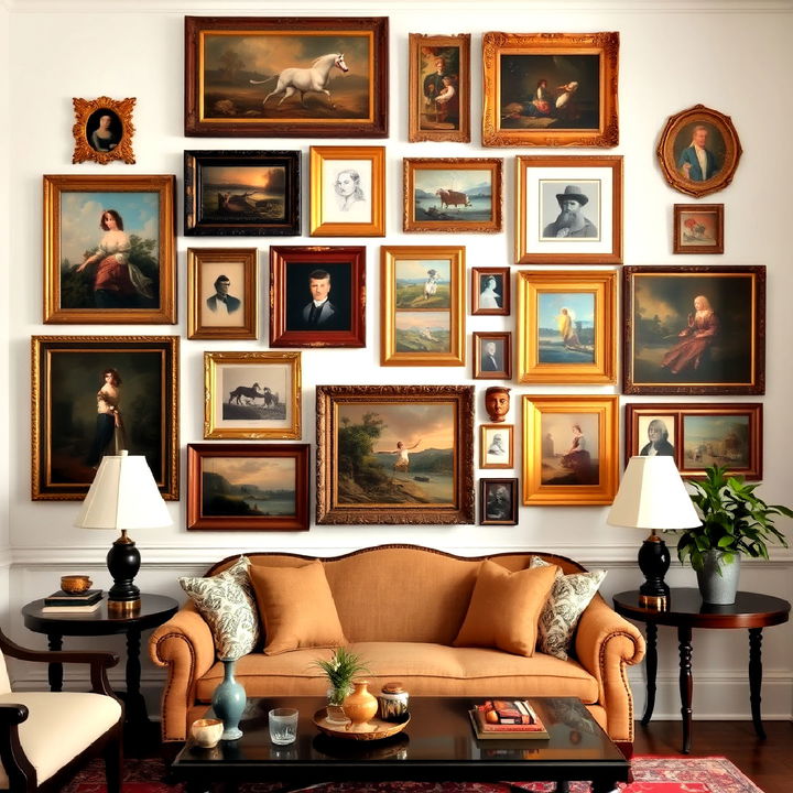 gallery wall with antique artwork for parlor room