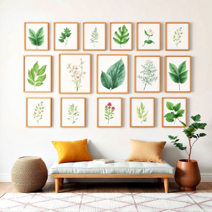 gallery wall with botanical illustrations