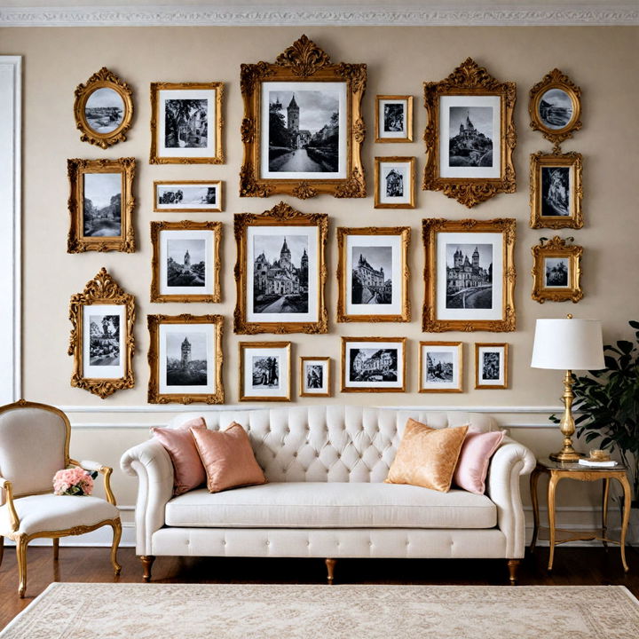 gallery wall with ornate golden frame display