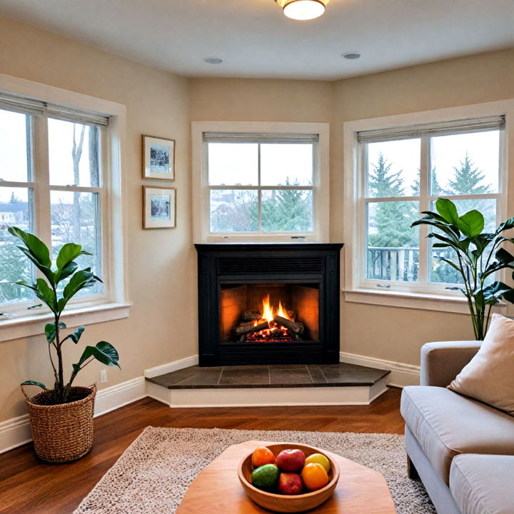 gas fireplace with corner windows