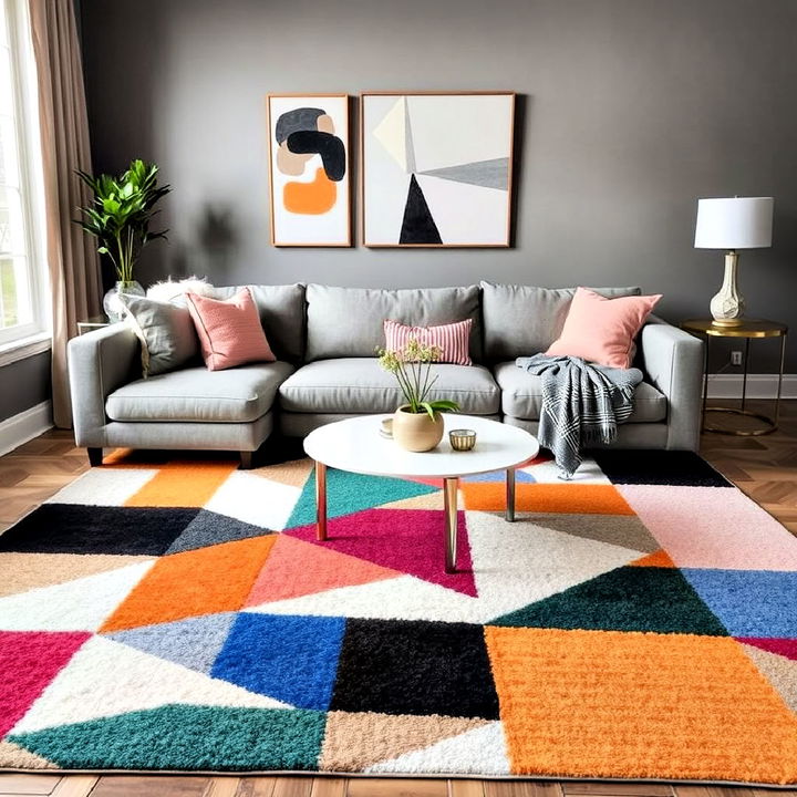 geometric multicolor rug goes with a grey couch