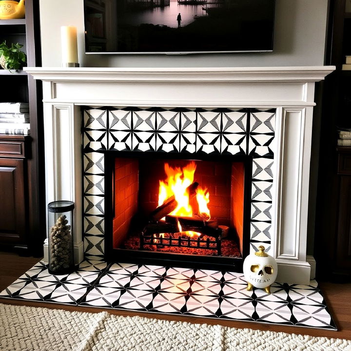 geometric patterned tiles fireplace