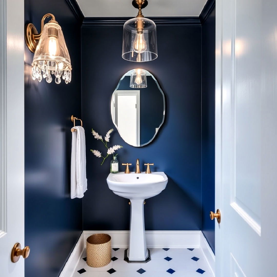 glass lighting fixtures against navy blue walls in blue powder