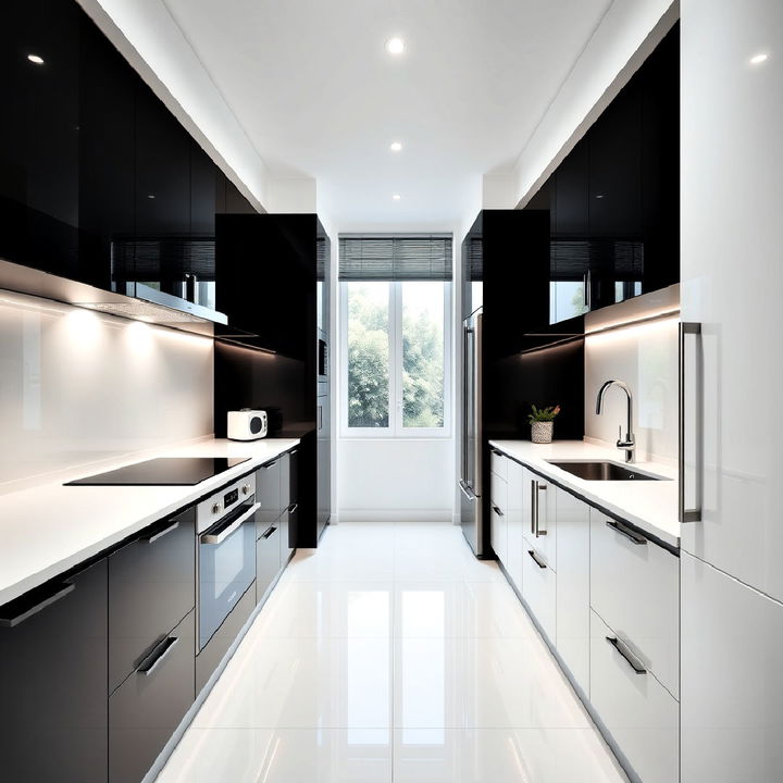 glossy black and white contrast parallel modular kitchen