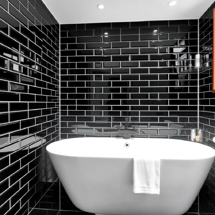 glossy black subway tiles bathroom