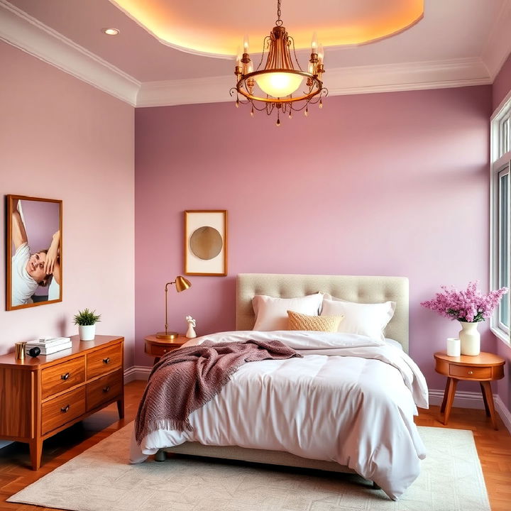 golden amber and soft lavender bedroom