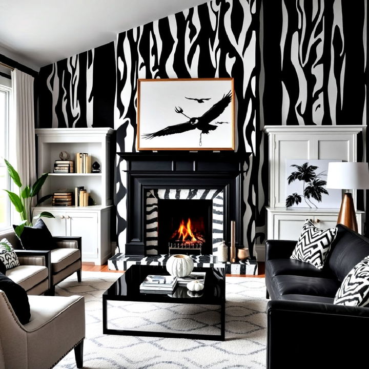 graphic wallpaper accent fireplace