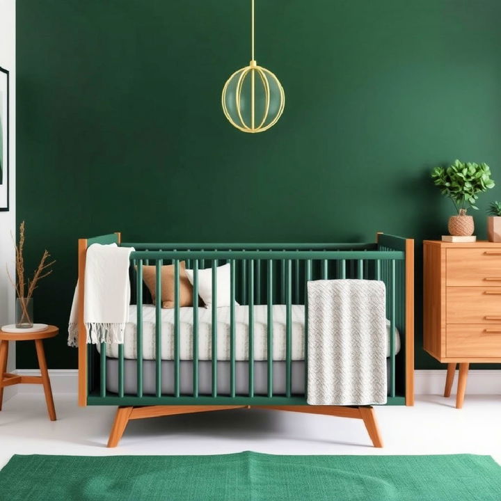 green crib with natural wood elements