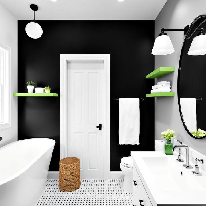 green floating shelves display in a black and white bathroom