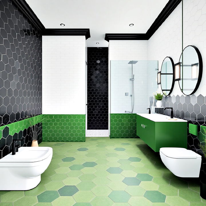 green hexagon bathroom floor tiles with black and white walls