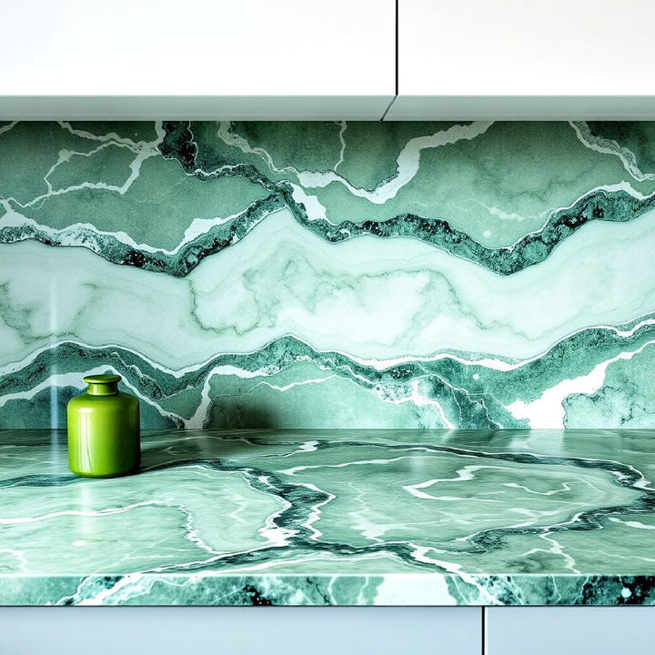 green marble backsplash and countertop combo