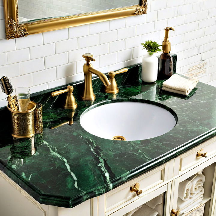 green marble countertop with brass fixtures