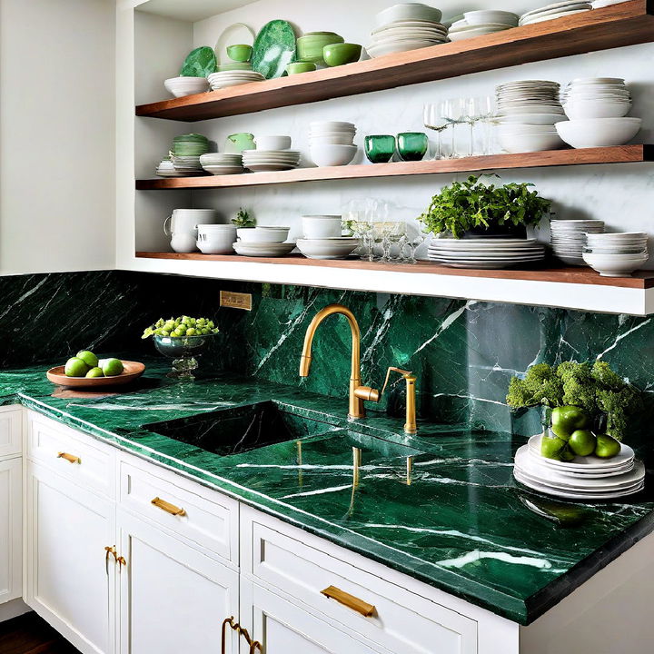 green marble countertop with open shelving