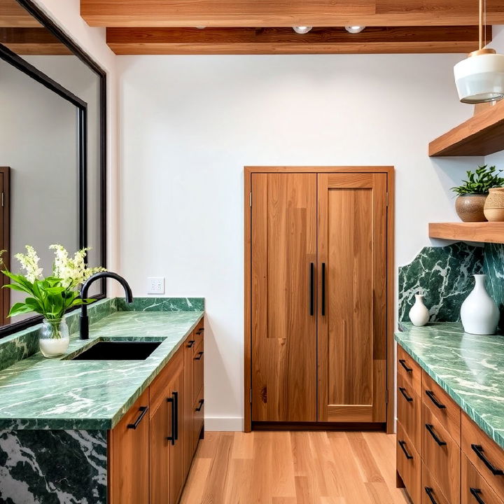 green marble countertop with wood elements