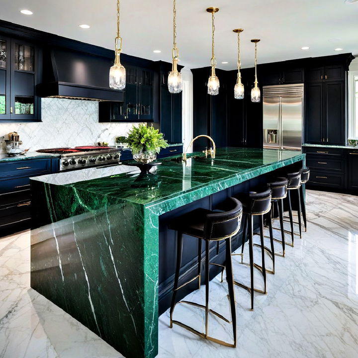 green marble island with dark cabinets