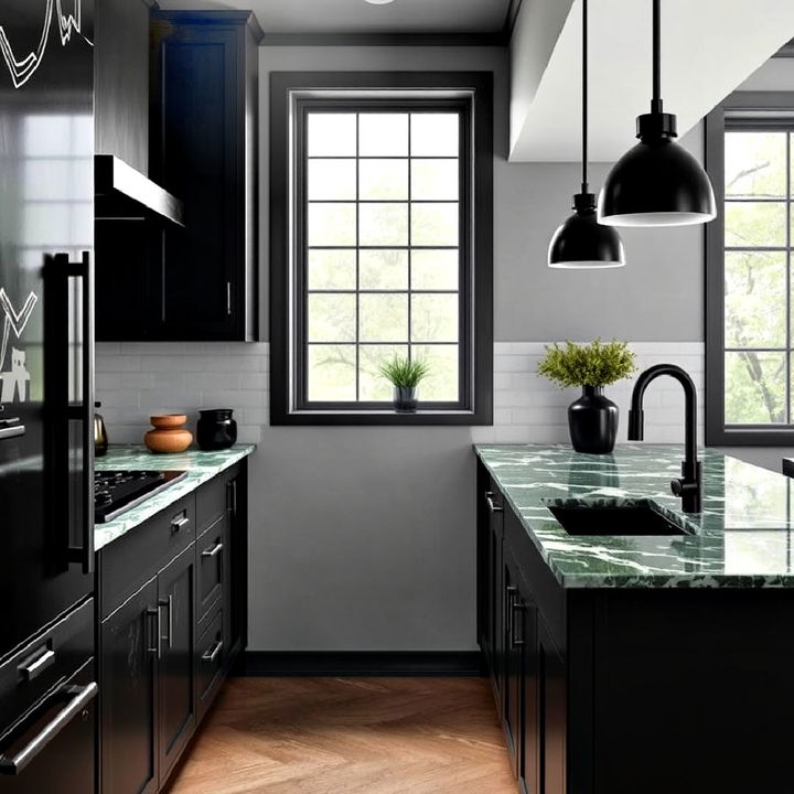 green marble with black accents kitchen