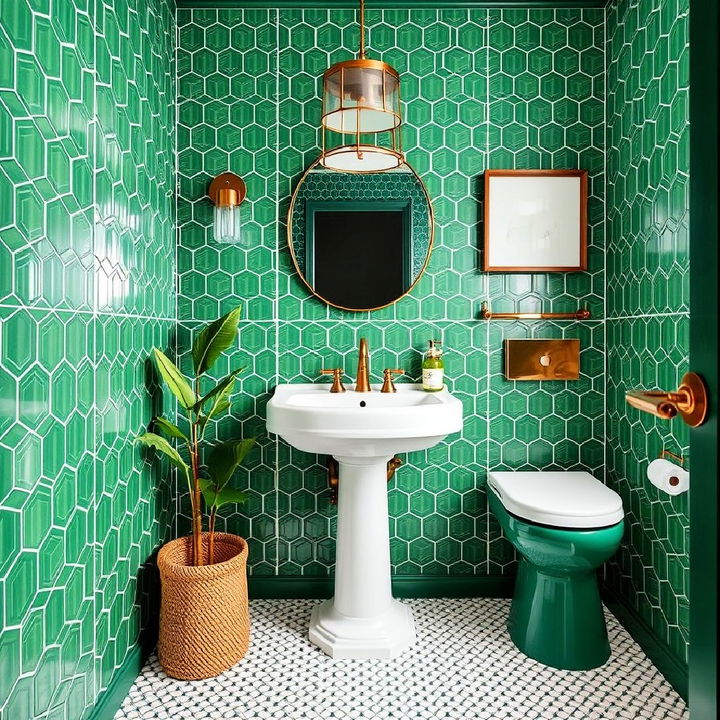 green powder room geometric tiles