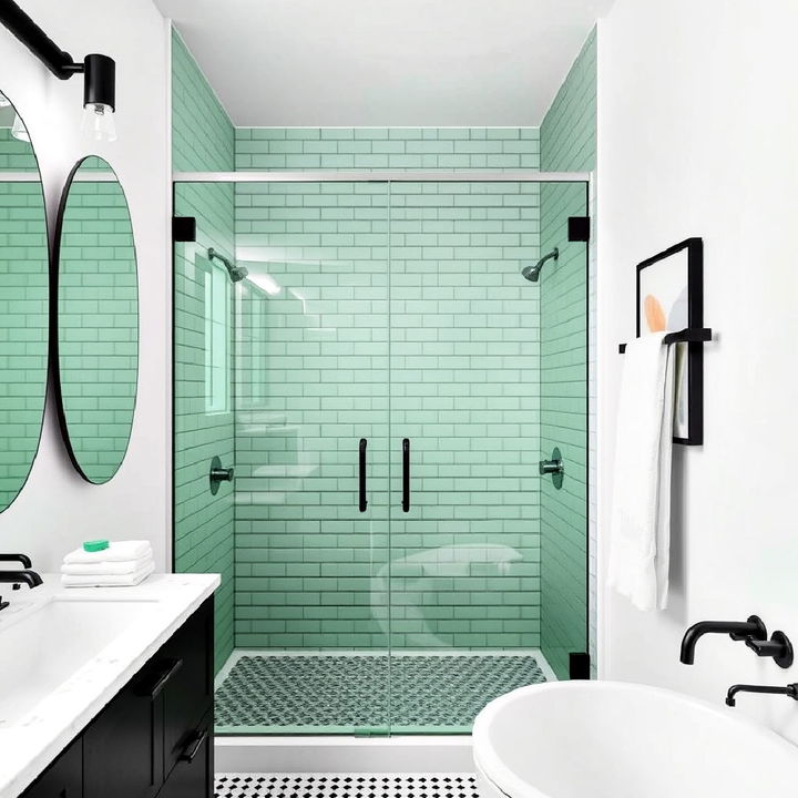 green tinted glass shower door with monochrome fixtures